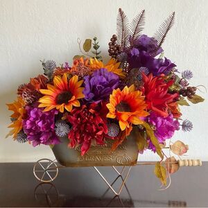 Fall Faux Floral Bouquet in Garden Cart With Purple Roses